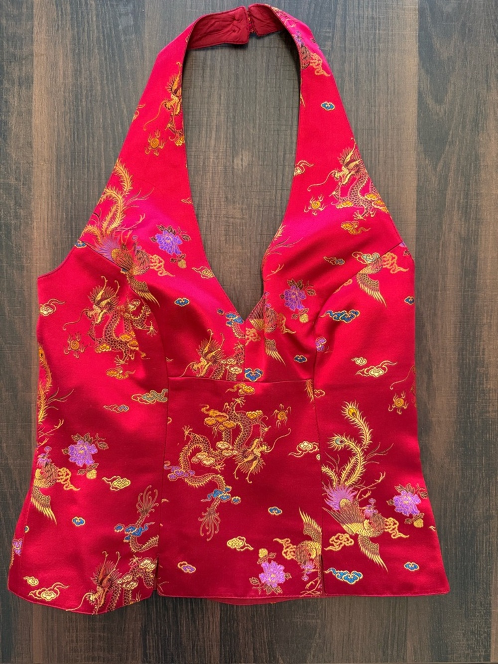 Red Silk Oriental Embroidered Halter Top